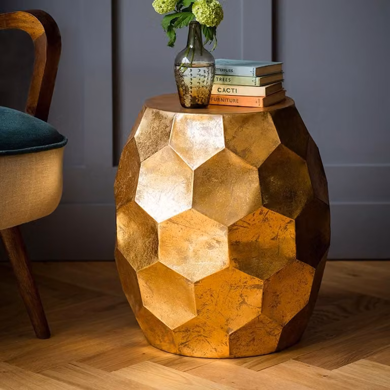 Atkin & Thyme Honeycomb Side Table in Gold Metal with Geometric Design