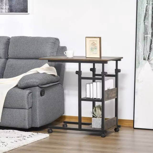 STILVORA C-Shaped Side Table with 3-Tier Storage and Castors in Brown – 1