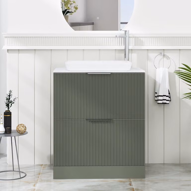 Royal Bathrooms Evora Sage Green Fluted Floor Standing Countertop Vanity Unit with Qubix Basin and 2 Drawers, Width: 70 cm