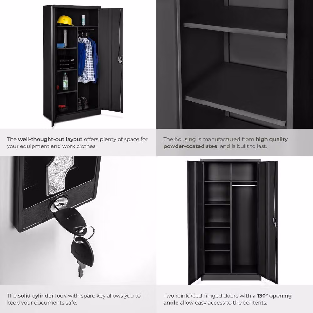 tectake Modern Metal Filing Cabinet in Matt Black with Hinged Doors and Lock, H 180 x W 80 x D 40 cm – 4