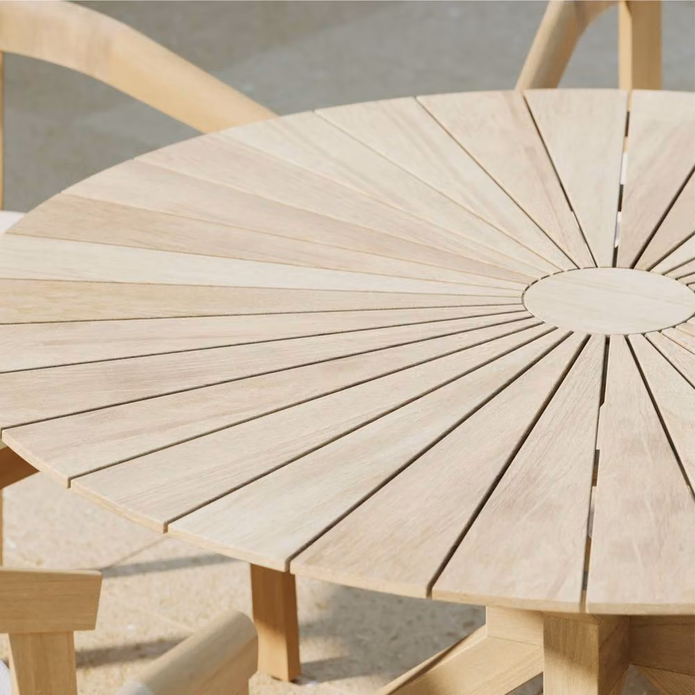 Charles Bentley Delgada Round Acacia Outdoor Dining Table with Sundial Slatted Top in Natural, W: 150 cm, D: 75.5 cm – 2
