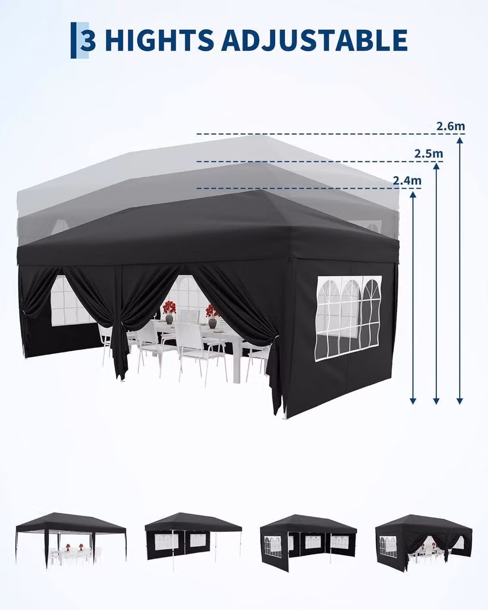 London Boutique Heavy Duty Pop Up Gazebo with 6 Sidewalls, Black and Transparent, W/D/H: 600 x 300 x 240 cm, UPF 50+ – 7