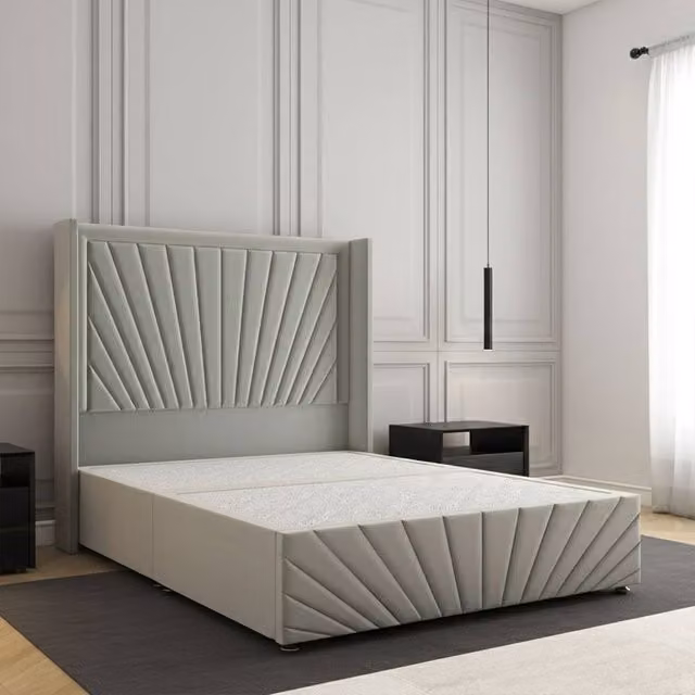 Regional Furnishings Silver Velvet Upholstered Divan Bed with 54 inch Headboard and Footboard, W/D/H: 180 x 137.16 x 3 cm, King Size
