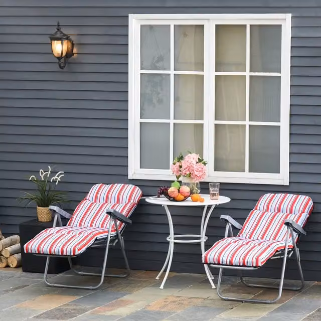 Outsunny Set of 2 Foldable Patio Sun Loungers with Adjustable Backrests, Red, White and Grey Striped Fabric