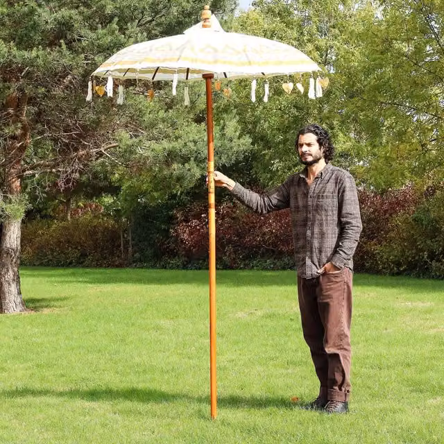 KDMK Bali Boho Patio Parasol in White and Gold with Cotton Canopy, Diameter: 150 cm