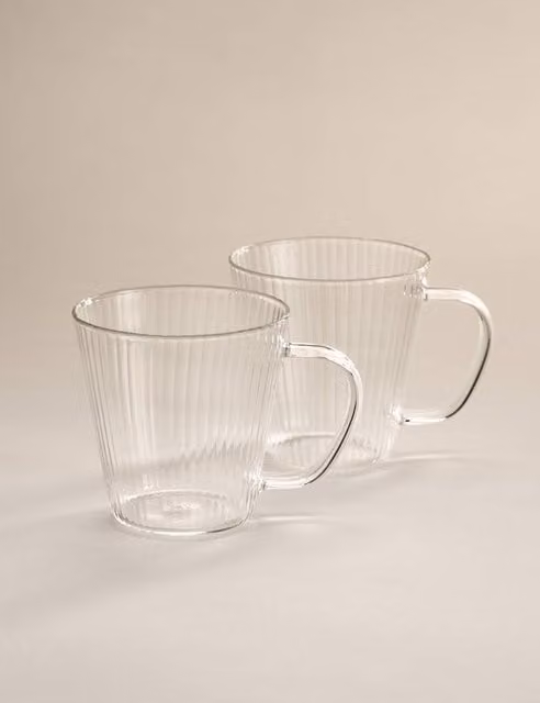 M&S Set of 2 Ribbed Clear Glass Flat White Mugs