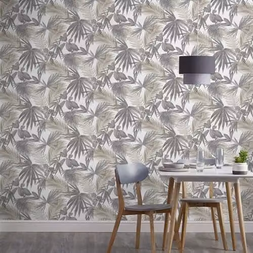 Grandeco Wild Palm Grey and Gold Metallic Botanical Floral Wallpaper