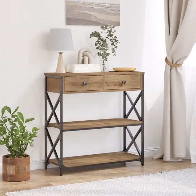 Berkfield Home Artisan Oak Console Table in Brown and Black, W/D/H: 75 x 28 x 75 cm