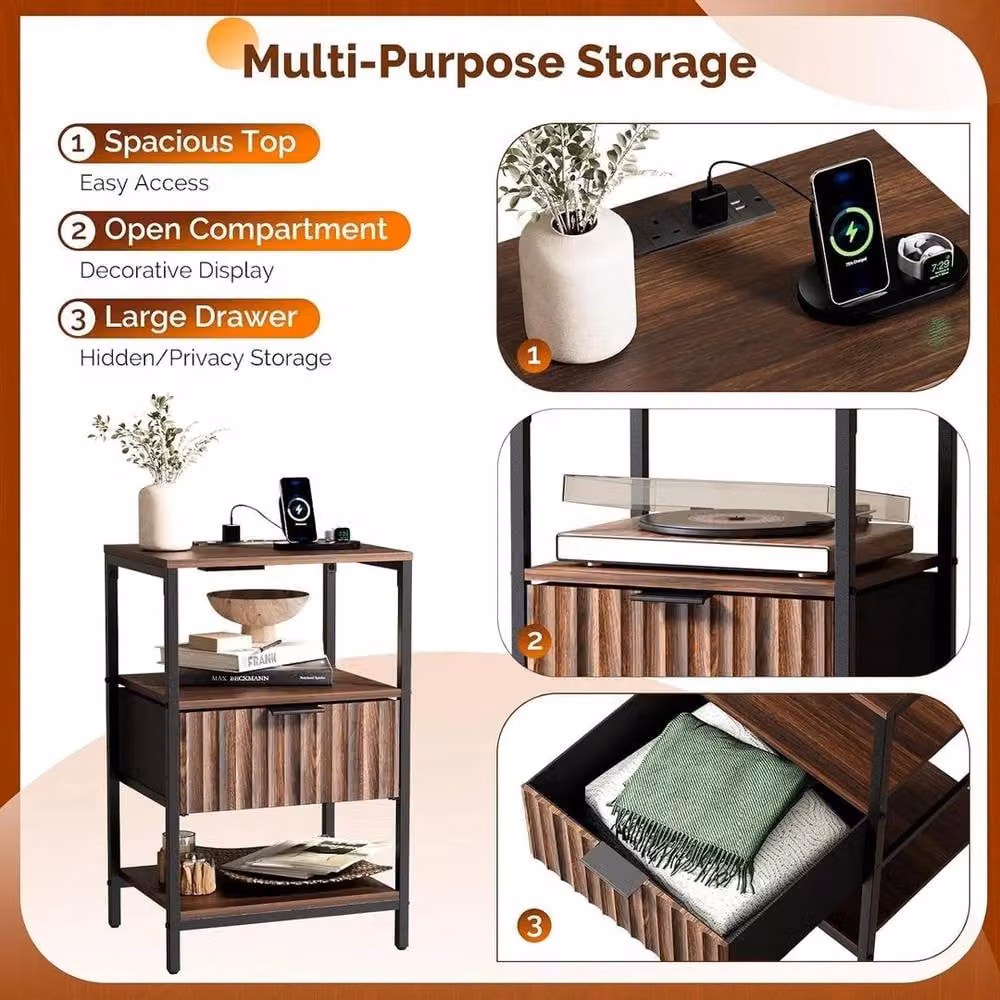 EONLION Modern 1 Drawer Bedside Table with Power Supply in Dark Brown – 3