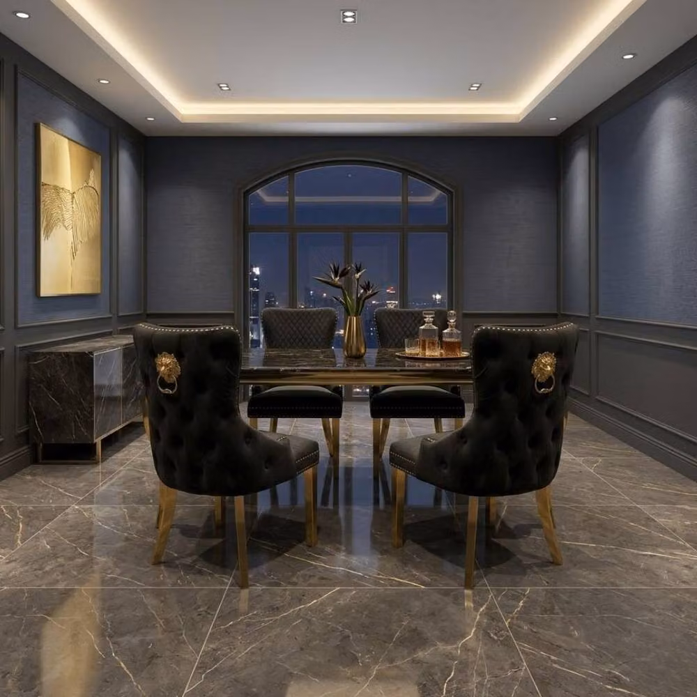 Home Luxe Interior Sofia Black and Gold Marble Dining Table and 4 Victoria Black Lion Chairs, W: 150 cm – 3