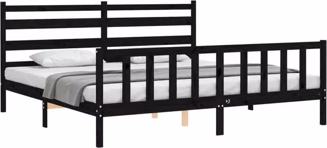Berkfield Home Beautiful Bed Frame with Headboard in Black Solid Pine Wood, W/D/H: 200 x 200 x 205.5 cm