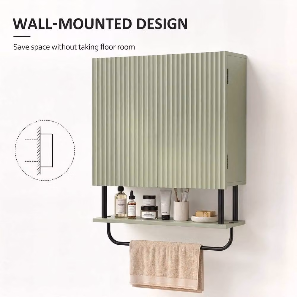 EONLION Modern Wall Mounted Bathroom Cabinet with 2 Wavy Hinged Doors in Matt Green, W/D/H: 49 x 18 x 66 cm – 2