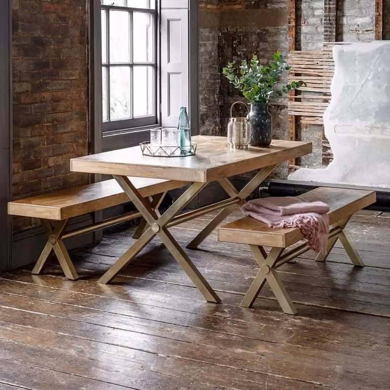 Atkin and Thyme Reeves Modern Mango Wood Rectangular Trestle Table and 2 Bench Set in Brown
