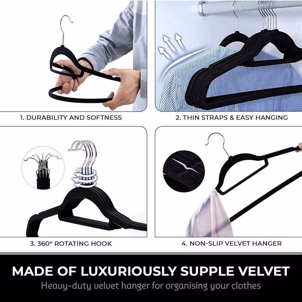 Kelvenix 40 Pack Black Velvet Anti Slip Space Saving Coat Hangers W: 45 cm, H: 23 cm, D: 23 cm – 3