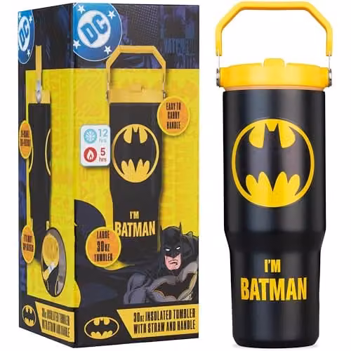 Get Trend DC Comics Batman Insulated Stainless Steel Tumbler with Straw and Handle, Black, 850ml – 1