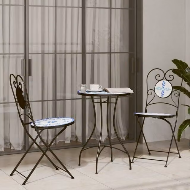 Berkfield Home Mosaic Bistro Set in Blue and White Ceramic and Metal – 1