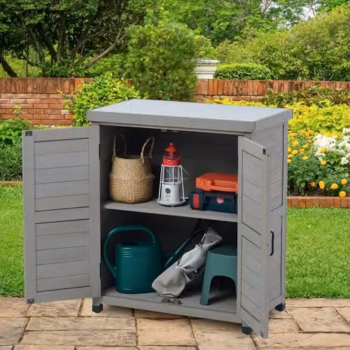 Garden Gear Grey Wooden Garden Storage Cabinet with 2 Internal Shelves and Hinged Doors, H 93 cm x W 80 cm x D 45 cm – 2