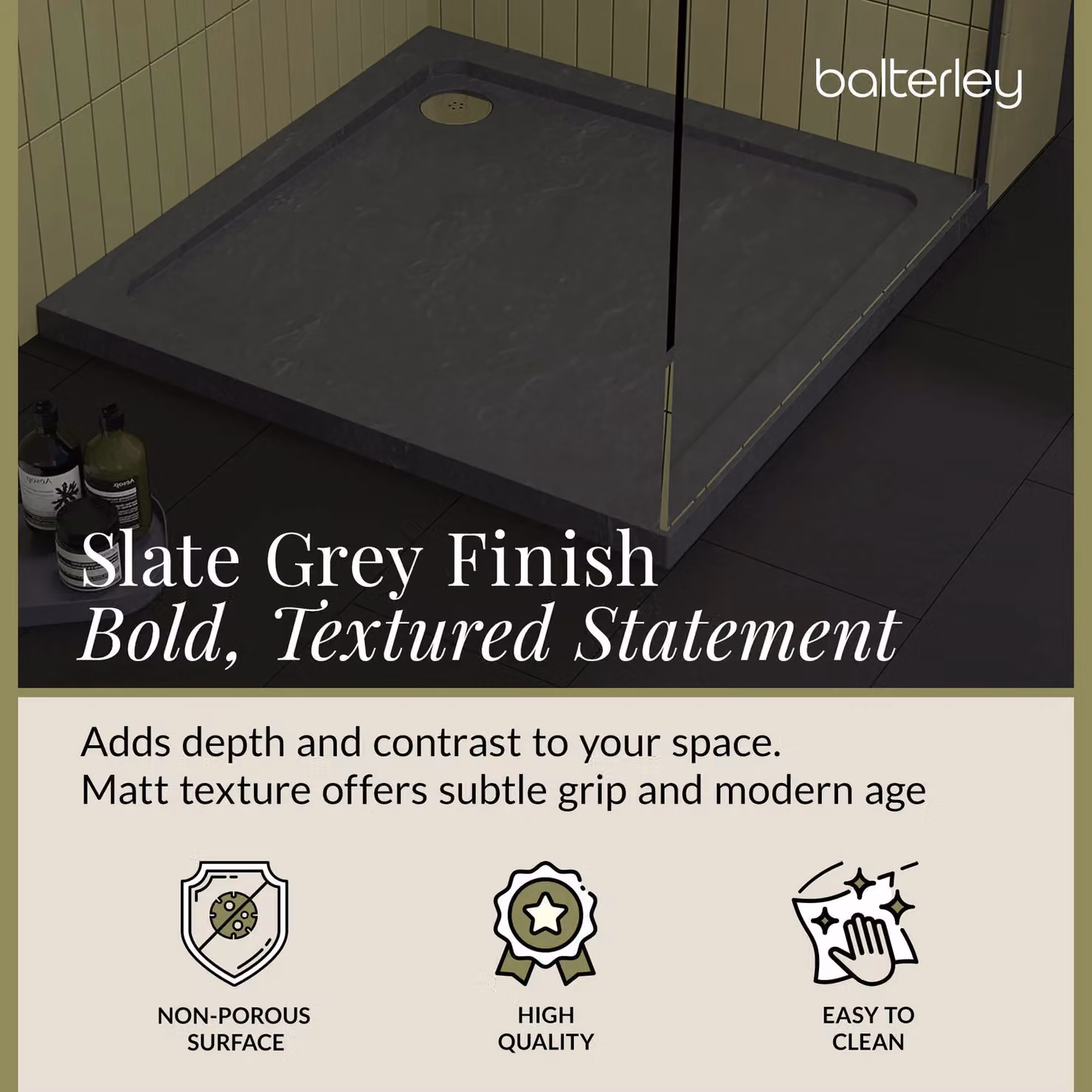Balterley Premium Square Shower Tray in Grey, W: 90 cm – 2