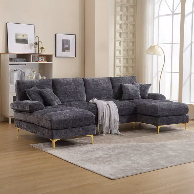 Aosom UK U-Shaped Modular Chenille Fabric Sectional Sofa with Double Chaise and Scatter Cushions, Grey, W/D/H: 272 x 136 x 88 cm – 1