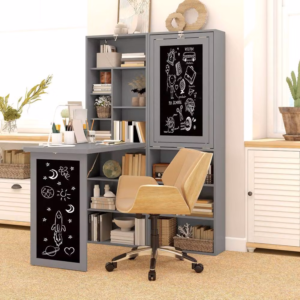 Rolipo Grey Folding Convertible Computer Desk with Blackboard and Side Shelf – 3