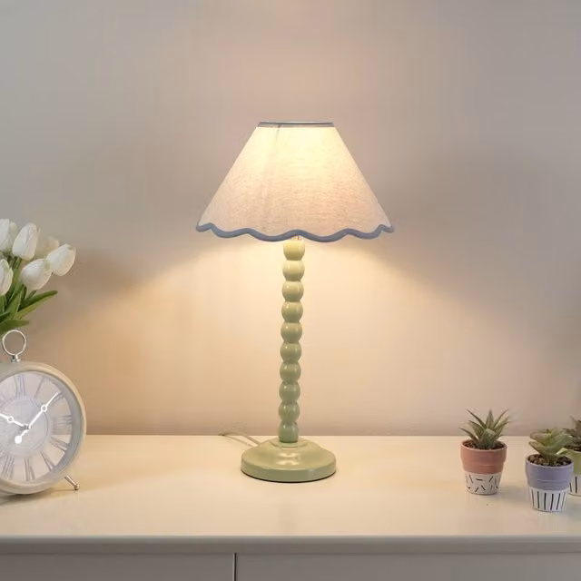 ValueLights Bobbin Ceramic Table Lamp with Fabric Scallop Shade in Pink, Blue or Green – 2