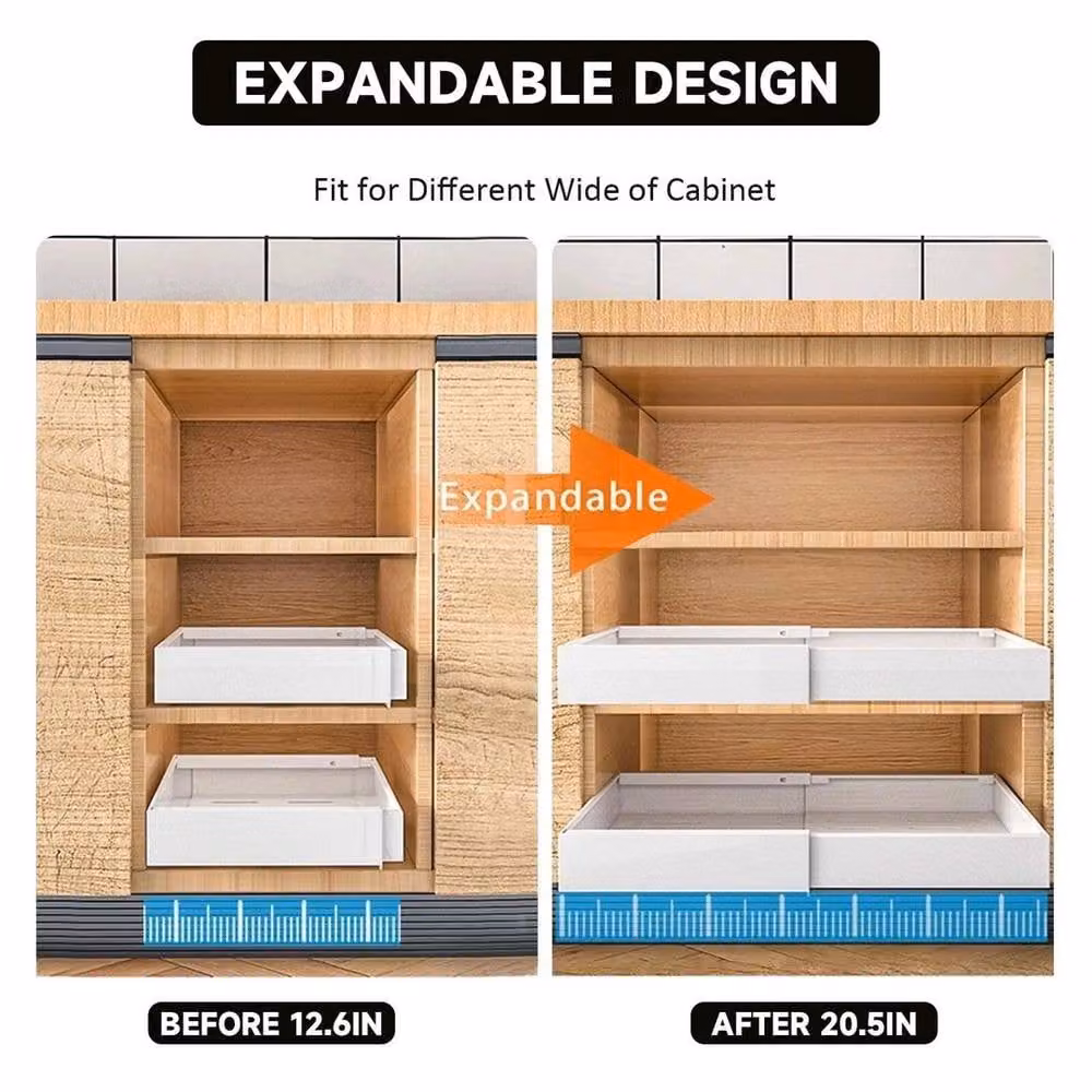 EONLION 2x Extendable Pull Out Cabinet Organiser Slide Out Drawers, White, W: 60 cm – 3