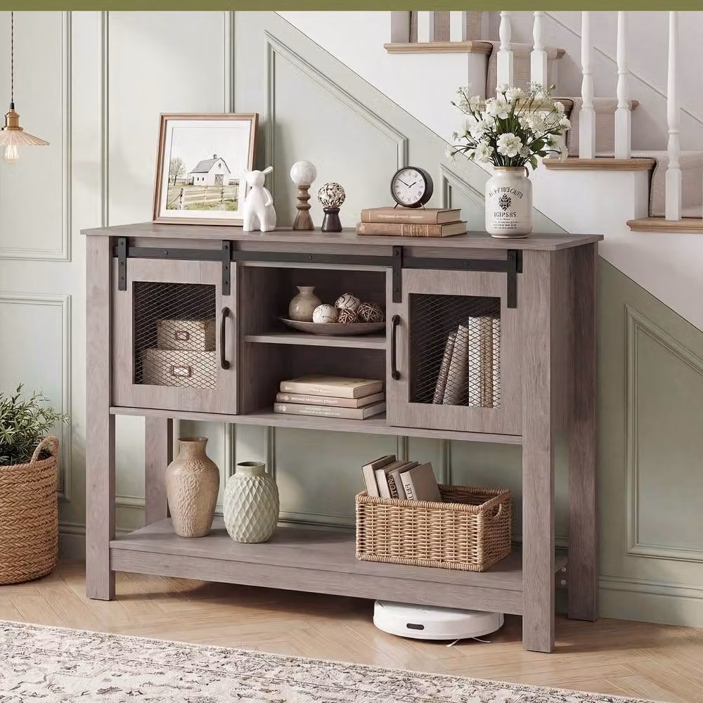 Costway Grey Entryway Console Table with Barn Sliding Doors and Adjustable Shelf – 4