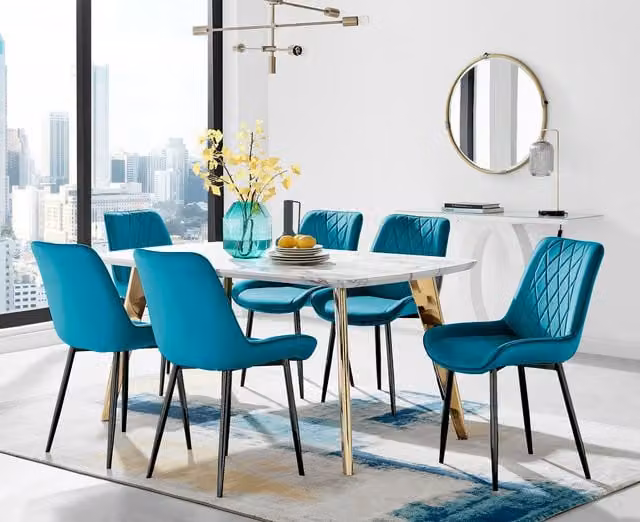 FurnitureboxUK Andria Blue Marble Effect Dining Table with 6 Pesaro Black Leg Chairs and Gold Accents