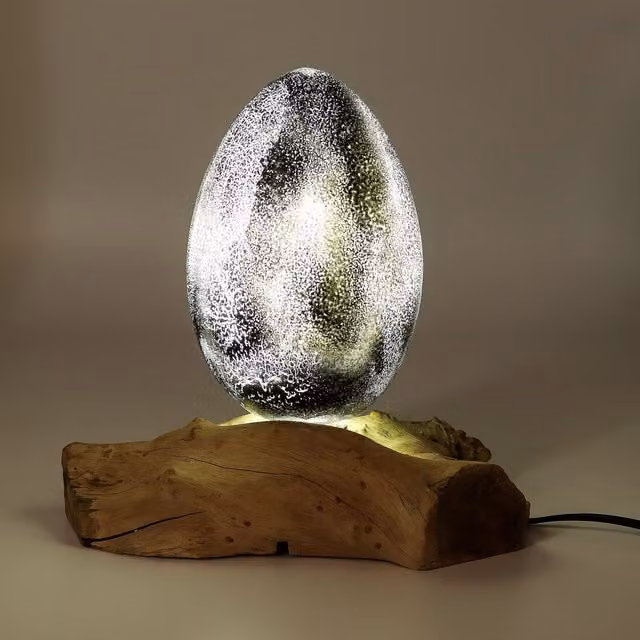 DriftGlow Crackle Lava Egg Tabletop Lamp in Grey with Natural Driftwood Accent and LED Bulb