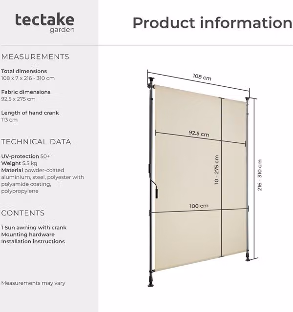 Tectake Taija Clamp Awning with Hand Crank in Beige