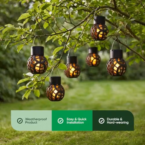 Gardenwize Set of 6 Solar Powered Hanging Dancing Flame Lantern Lights, Black, H 14cm x W 7cm x D 7cm – 9