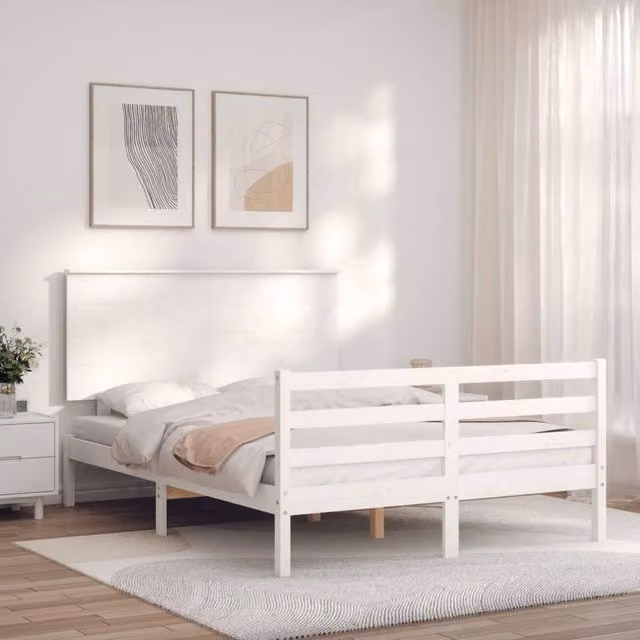 Berkfield Home Beautiful Solid Wood Pine Bed Frame with Headboard in White, W/D/H: 120 x 200 cm
