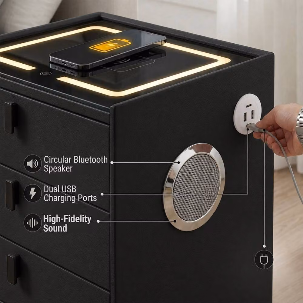 MN Furniture Modern Bedside Table with LED Lighting, Wireless Charging, Bluetooth and 3 Drawers in Black – 4