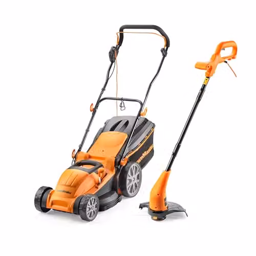 LawnMaster 1800W 40cm Electric Lawnmower with Rear Roller and 350W 2-in-1 Grass Trimmer and Edger Set in Orange
