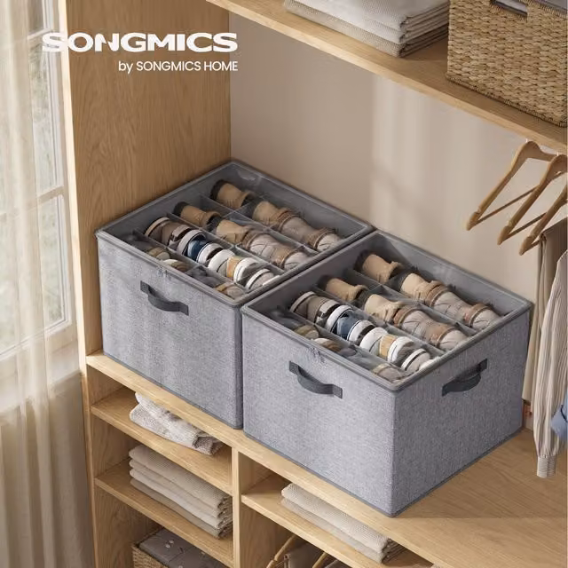 SONGMICS Stackable Shoe Organisers with Lid, Grey, Holds up to 16 Pairs Each