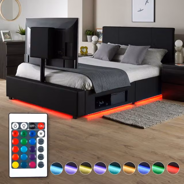 XR Living Ava Upholstered TV Bed with LED Lighting in Black, King Size (180 x 200 cm)