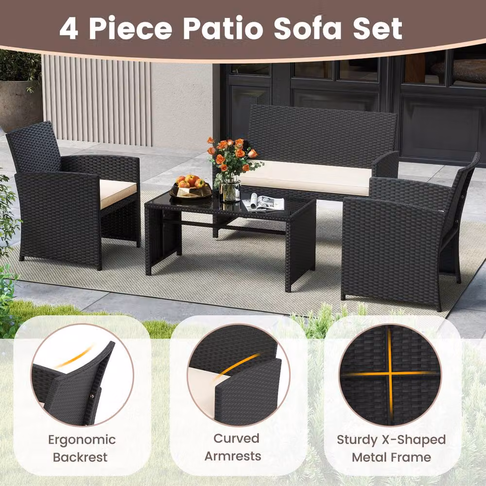 Costway 4-Piece Polyrattan Patio Conversation Set with Upholstered Cushions and Metal Frame in Multicolour – 8