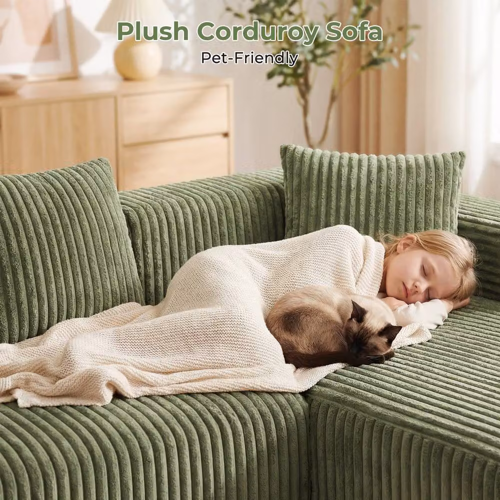 Dprodo 261 cm Modular Right L-Shaped 4 Seater Sectional Sofa in Green Velvet Cord Fabric – 3