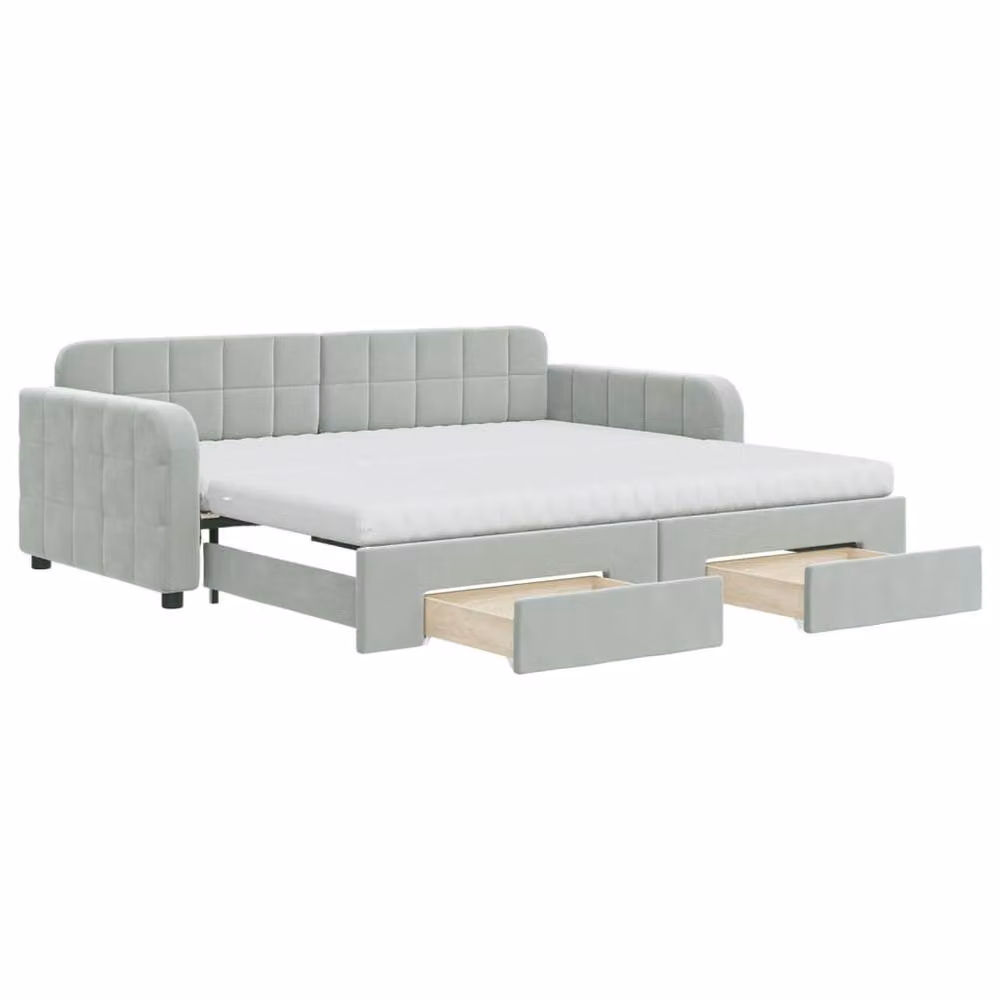 Berkfield Home Velvet Daybed with Trundle and Drawers in Light Grey, W/D/H: 90 x 190 cm – 2