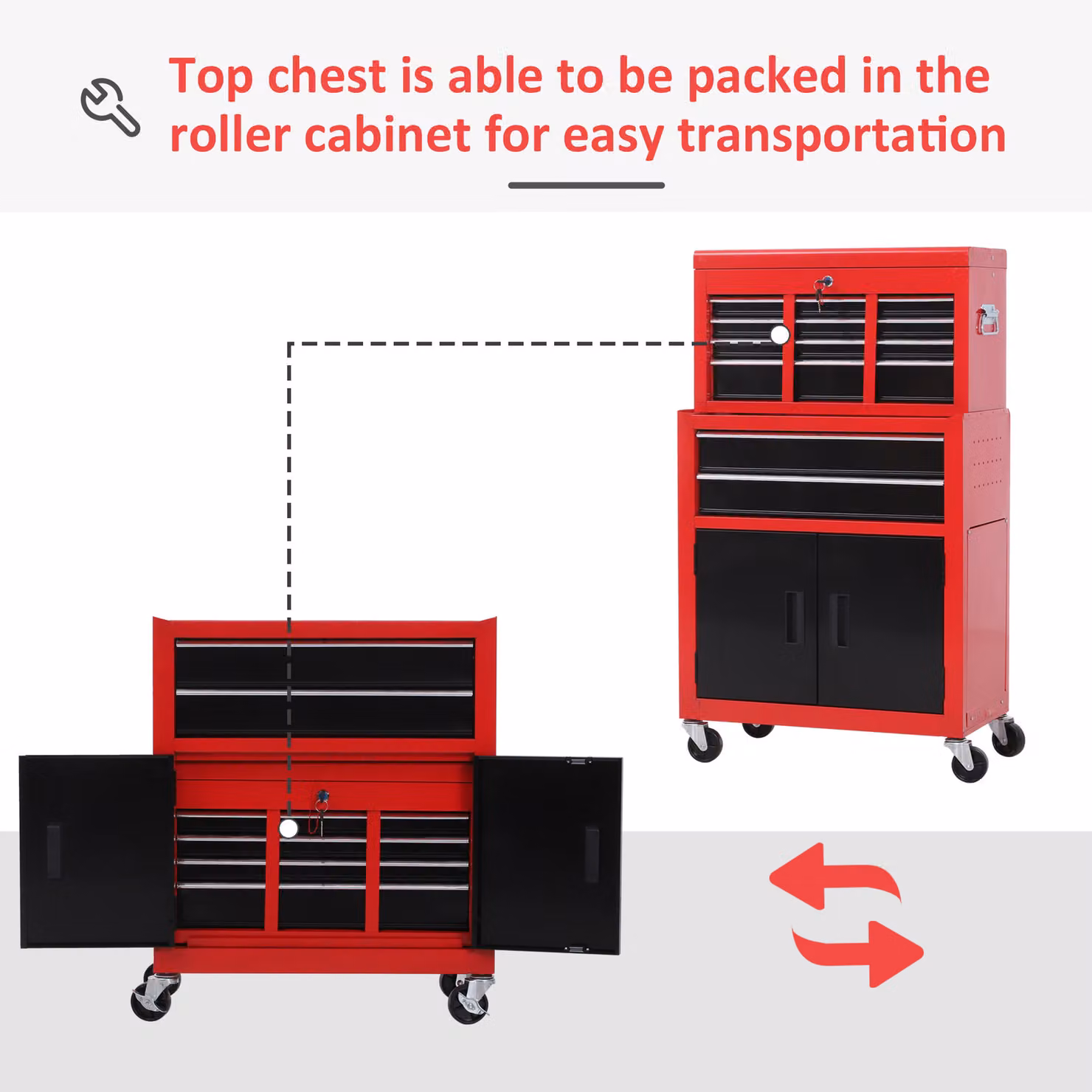 HOMCOM Red Metal Tool Chest with 6 Drawers, Pegboard and Lockable Roller Cabinet, W: 61.6 cm, D: 33 cm, H: 108 cm – 6