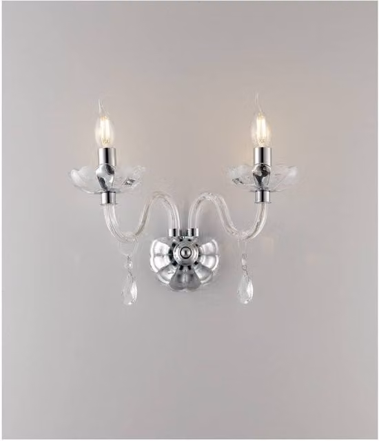 Netlighting RIFLESSO Twin 2 Light Candle Wall Light in Chrome and Crystal, Silver, W: 40 cm, H: 35 cm, D: 18 cm