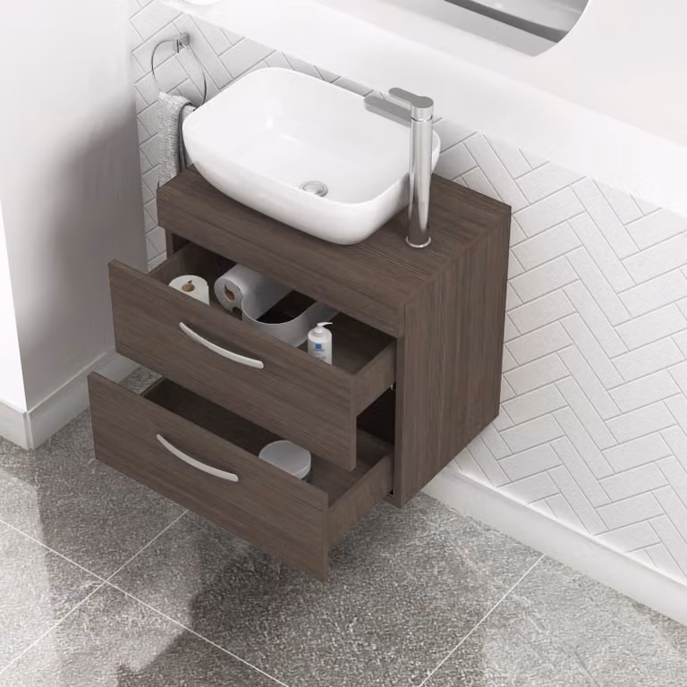 Royal Bathrooms Grey Elm Wall Hung Vanity Unit with 2 Soft Close Drawers and Elva Countertop Basin, Width: 60 cm
