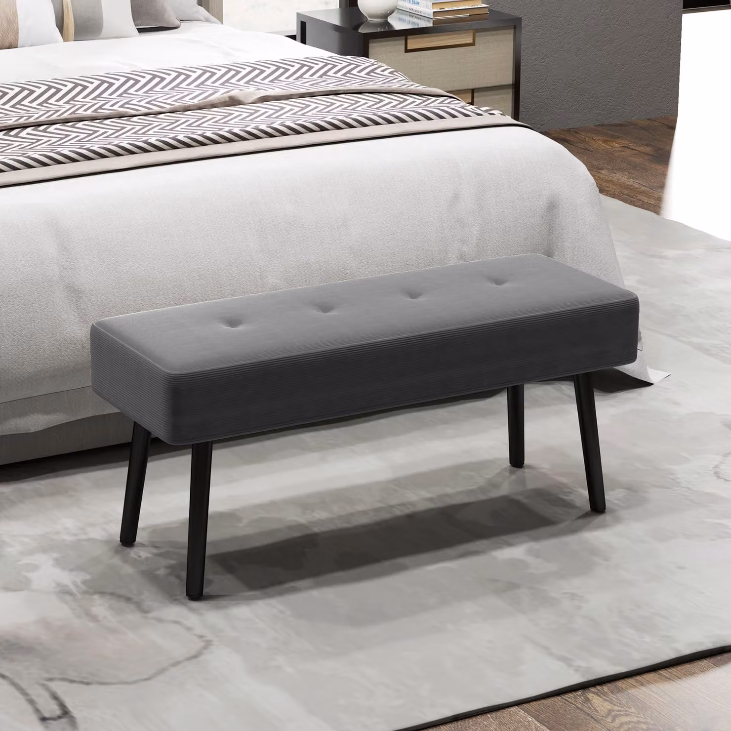 HOMCOM Grey Corduroy End of Bed Bench with Padded Tufted Seat and Metal Legs – 2