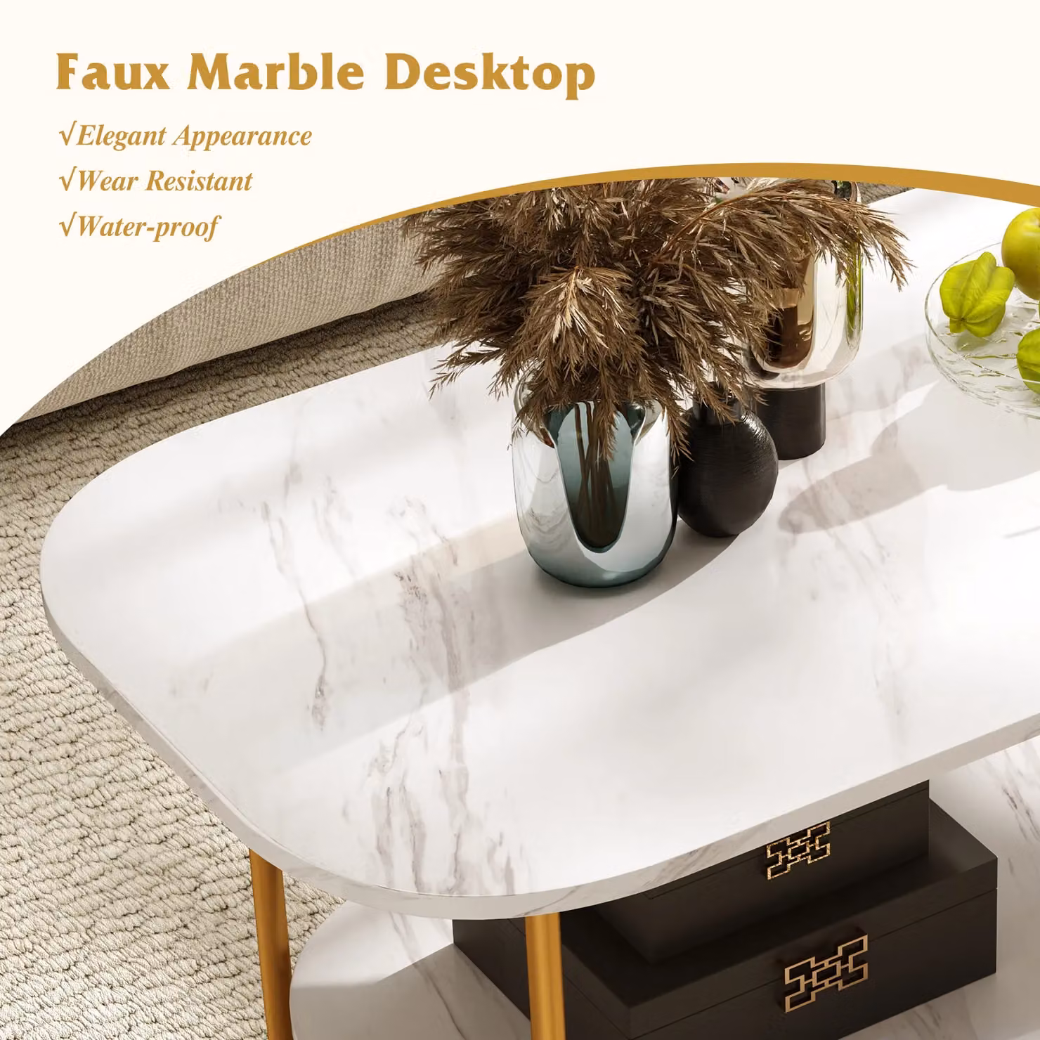 Costway Modern 2-Tier Faux Marble Top Coffee Table in White and Gold – 5