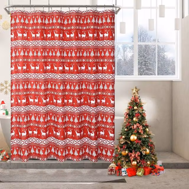 London Boutique Festive Christmas Waterproof Red and White Polyester Shower Curtain, W: 183 cm, H: 183 cm
