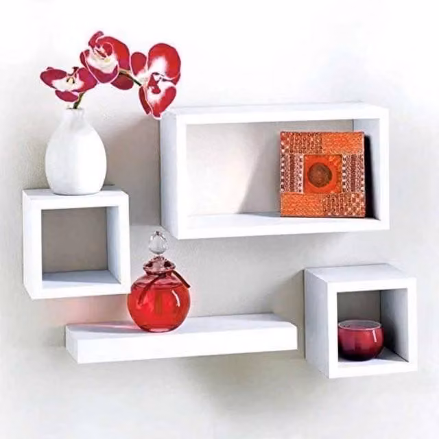 Kelvenix Set of 4 White Wooden Floating Cube Wall Shelves with Back Panel