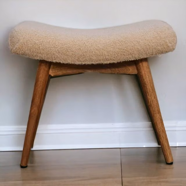Artisan Furniture Scandinavian Mango Wood Upholstered Straight Bench in Brown and Beige Bouclé