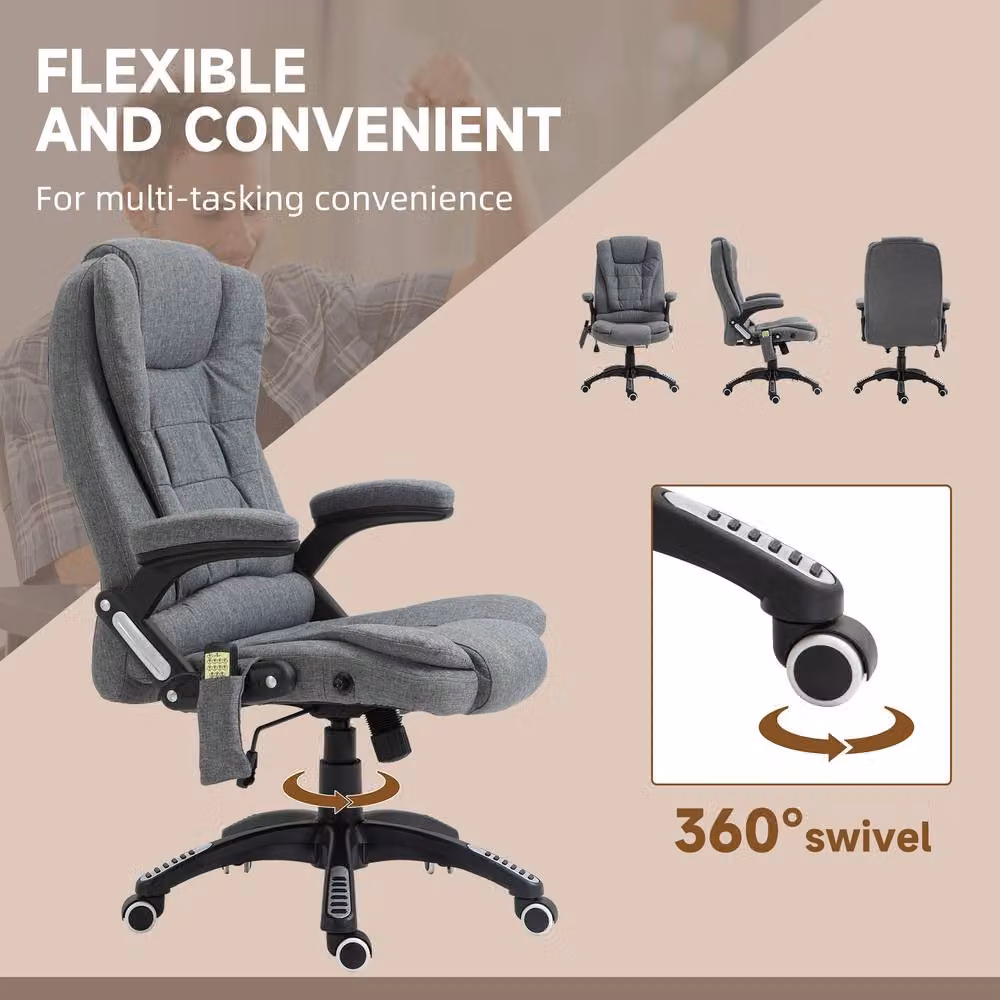 Rolipo Heated 6-Point Massage Reclining Linen-Feel Office Chair in Grey – 7