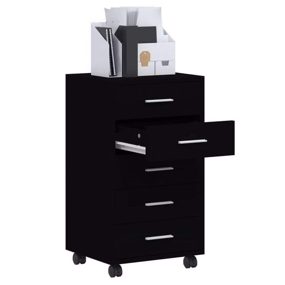 Berkfield Home Black Matt Engineered Wood Drawer Cabinet with Castors – 3