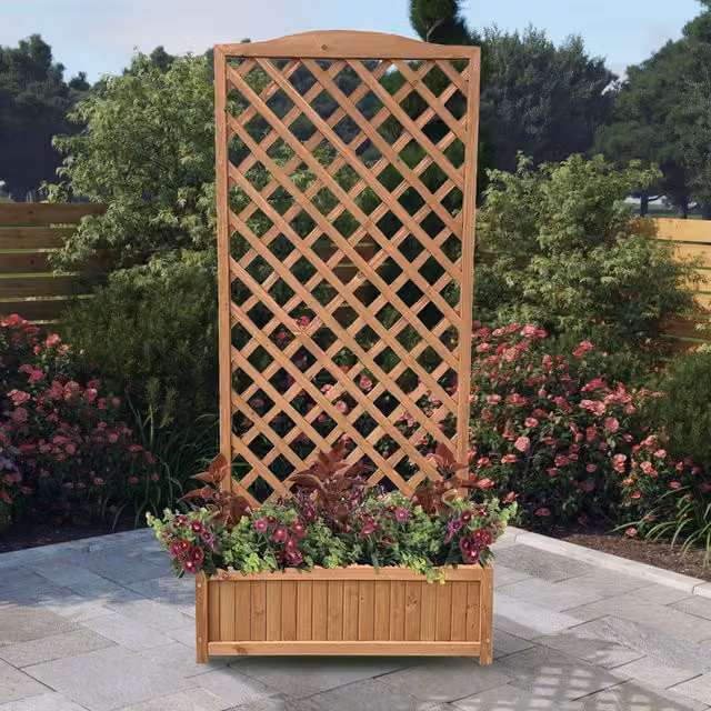 BillyOh Flora Pair of Brown Fir Wooden Planter Boxes with Lattice Trellis for Climbers